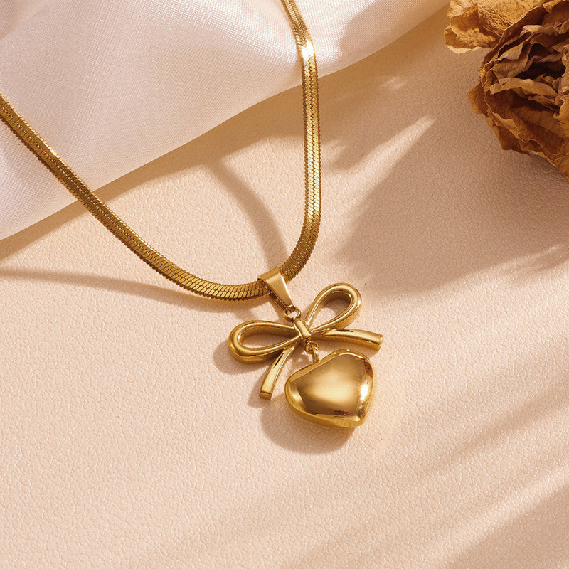 Golden Heart Bow Necklace – Anti-Tarnish Stainless Steel Pendant