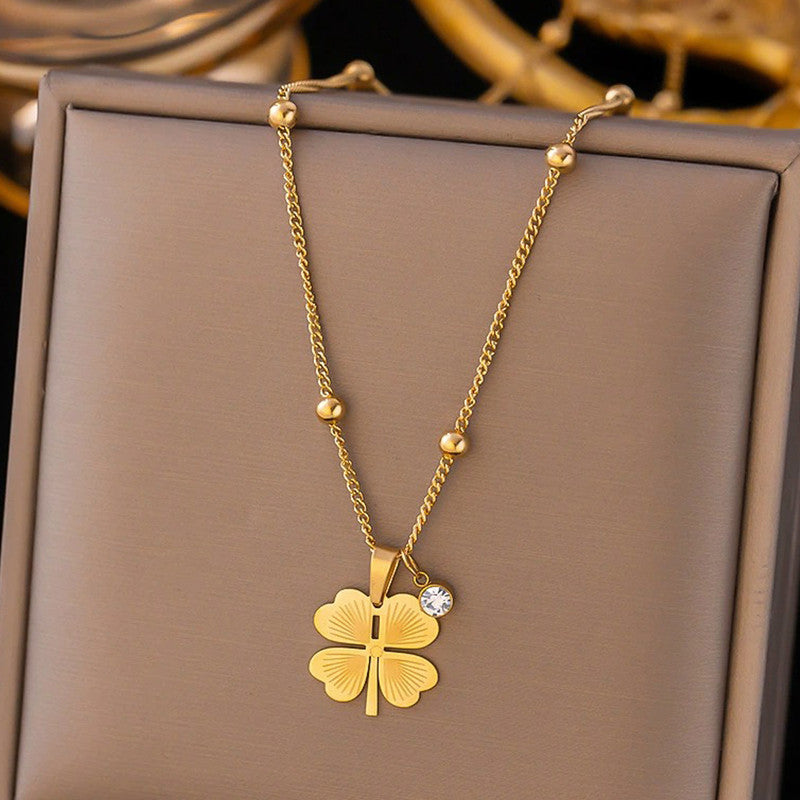 Four-Leaf Clover Satellite Chain Necklace – Lucky Charm Pendant with Zircon Accent
