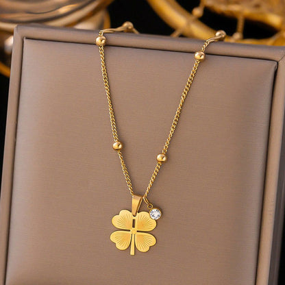 Four-Leaf Clover Satellite Chain Necklace – Lucky Charm Pendant with Zircon Accent