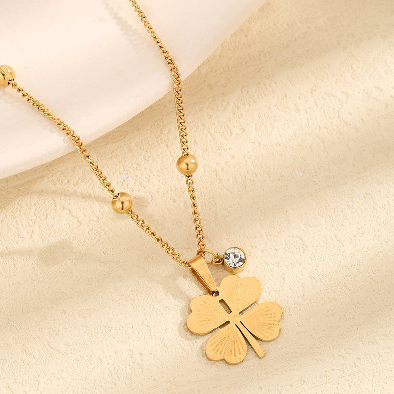 Four-Leaf Clover Satellite Chain Necklace – Lucky Charm Pendant with Zircon Accent