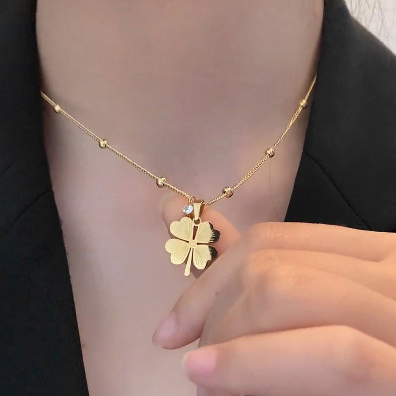 Four-Leaf Clover Satellite Chain Necklace – Lucky Charm Pendant with Zircon Accent