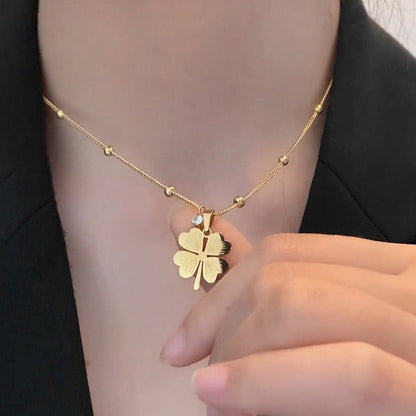 Four-Leaf Clover Satellite Chain Necklace – Lucky Charm Pendant with Zircon Accent