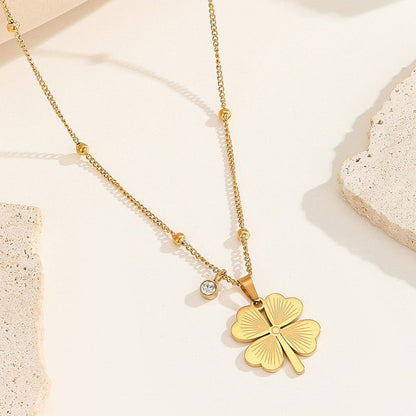 Four-Leaf Clover Satellite Chain Necklace – Lucky Charm Pendant with Zircon Accent