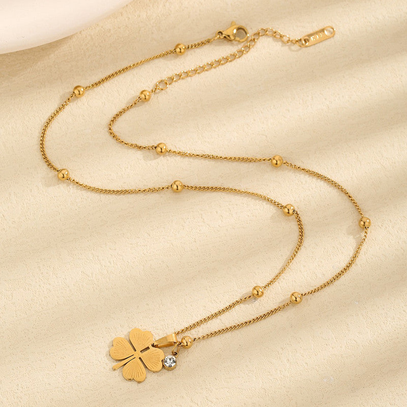 Four-Leaf Clover Satellite Chain Necklace – Lucky Charm Pendant with Zircon Accent