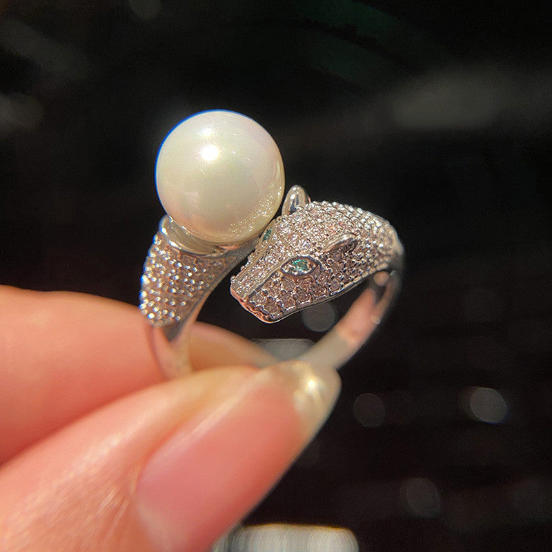 The "Leona" Panther Pearl Statement Ring | 18K White Gold PVD & Anti-Tarnish | Adjustable Luxury Wrap Ring