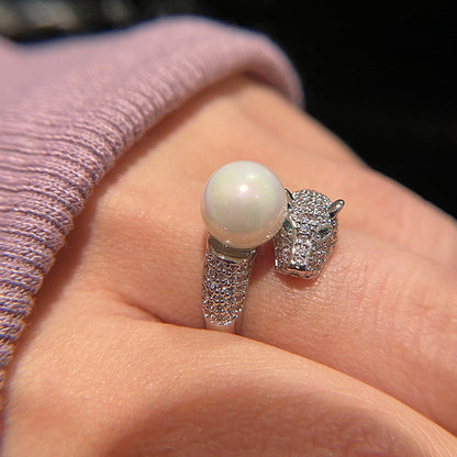 The "Leona" Panther Pearl Statement Ring | 18K White Gold PVD & Anti-Tarnish | Adjustable Luxury Wrap Ring