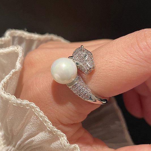 The "Leona" Panther Pearl Statement Ring | 18K White Gold PVD & Anti-Tarnish | Adjustable Luxury Wrap Ring