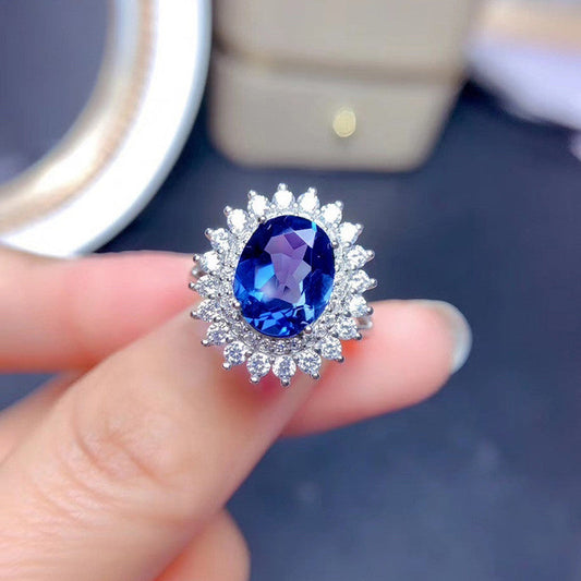 Royal Blue Oval Crystal Ring with Halo Diamond-Style Setting