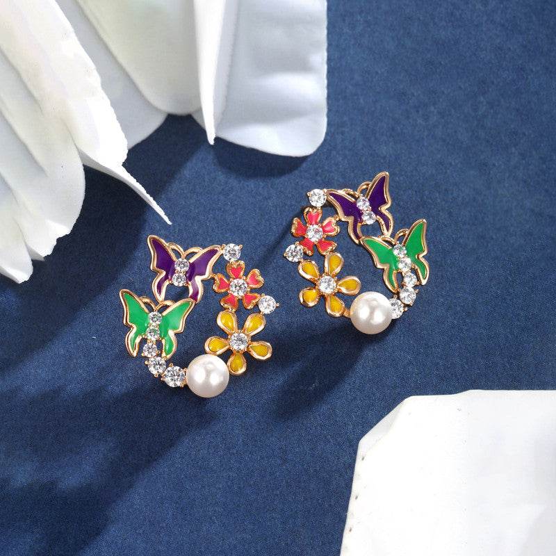 Colorful Butterfly & Floral Pearl Stud Earrings