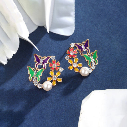 Colorful Butterfly & Floral Pearl Stud Earrings