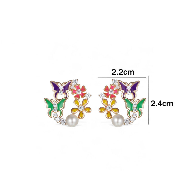 Colorful Butterfly & Floral Pearl Stud Earrings