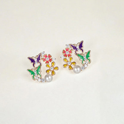 Colorful Butterfly & Floral Pearl Stud Earrings