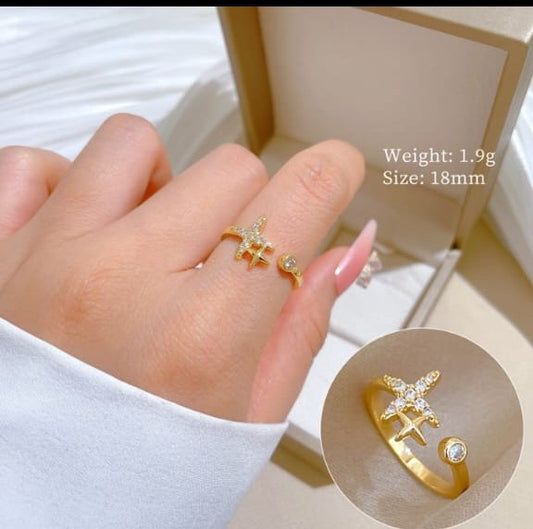 Celestial North Star Open Ring – 18K Gold Plated Anti-Tarnish Adjustable Sparkle Band