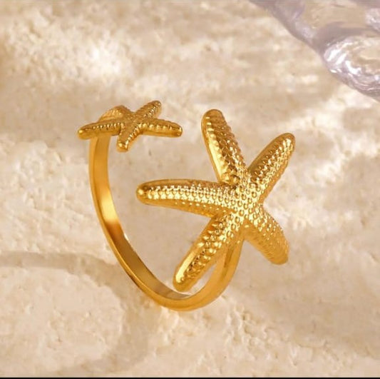 Golden Starfish Adjustable Ring – Anti-Tarnish Stainless Steel Ocean Ring