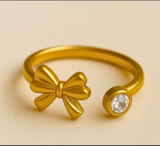 Elegant Gold Bow Adjustable Ring with Crystal Accent