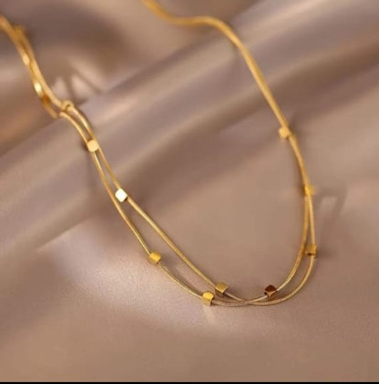 Double Layered Geometric Cube Necklace – 18K Gold Plated Anti-Tarnish Snake Bone Chain