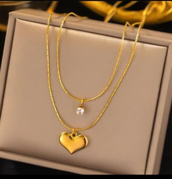 Double Layer Heart & Solitaire Necklace – 18K Gold Plated Anti-Tarnish Layered Set