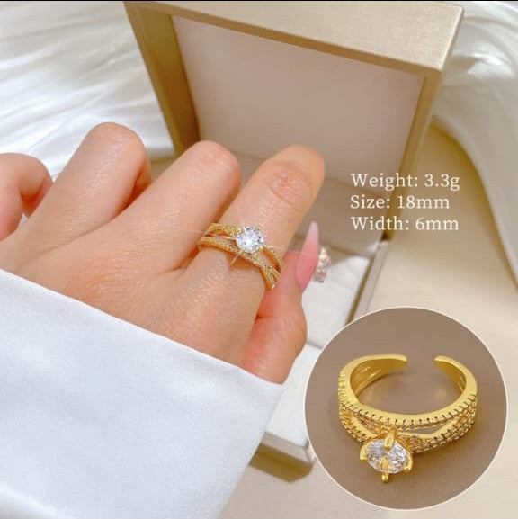 Radiant Star Criss-Cross Solitaire Ring – 18K Gold Plated Anti-Tarnish Adjustable Band