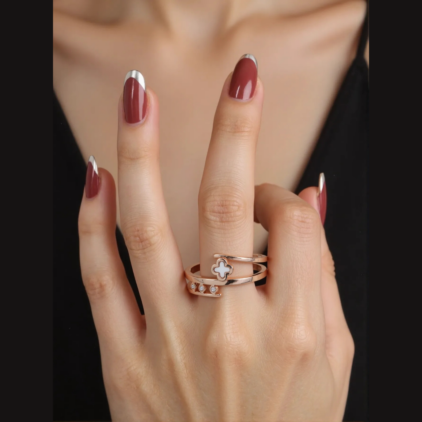 Rose Gold Clover Dual-Band Adjustable Ring