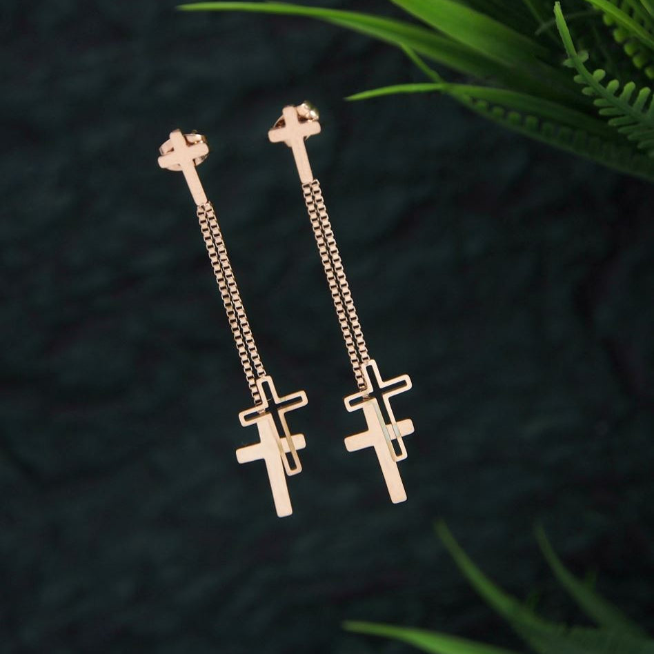 Serenity Cross Linear Drop Earrings | 18k Rose Gold Anti-Tarnish Dangle Earrings